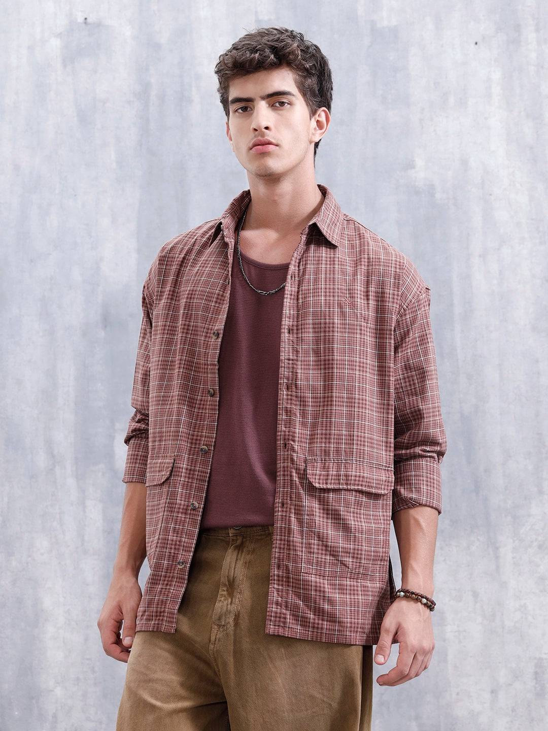 Men's Casual Oversized Fit Double Pocket Shirt | Brown