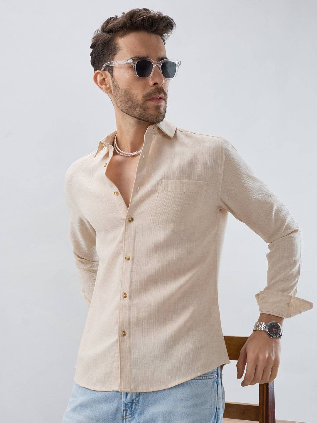 Elegant Cream Slub Textured Shirt Buy only at ₹699