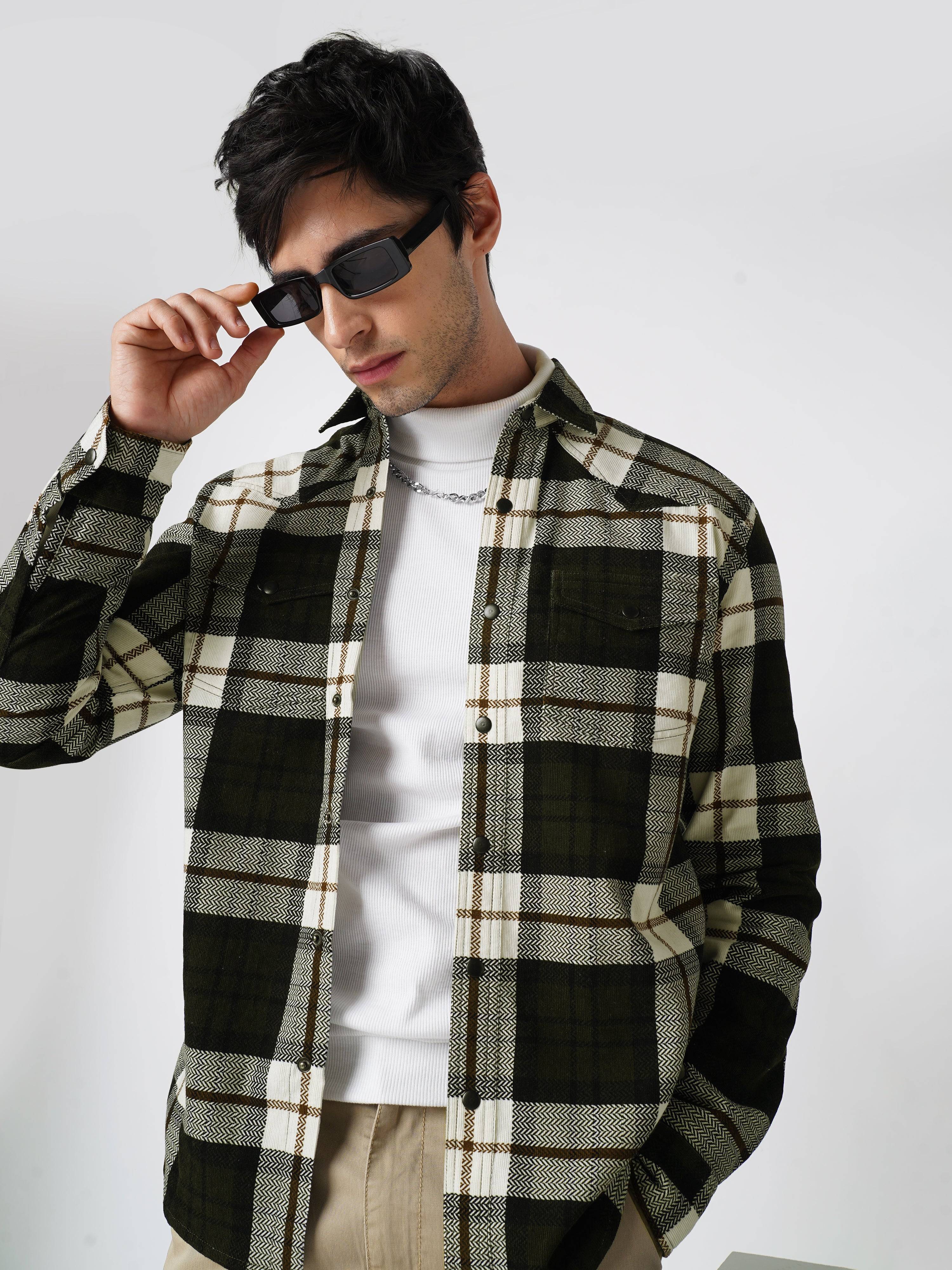 Brown & White Herringbone Weave Checked Corduroy Shirt Buy only at ₹859