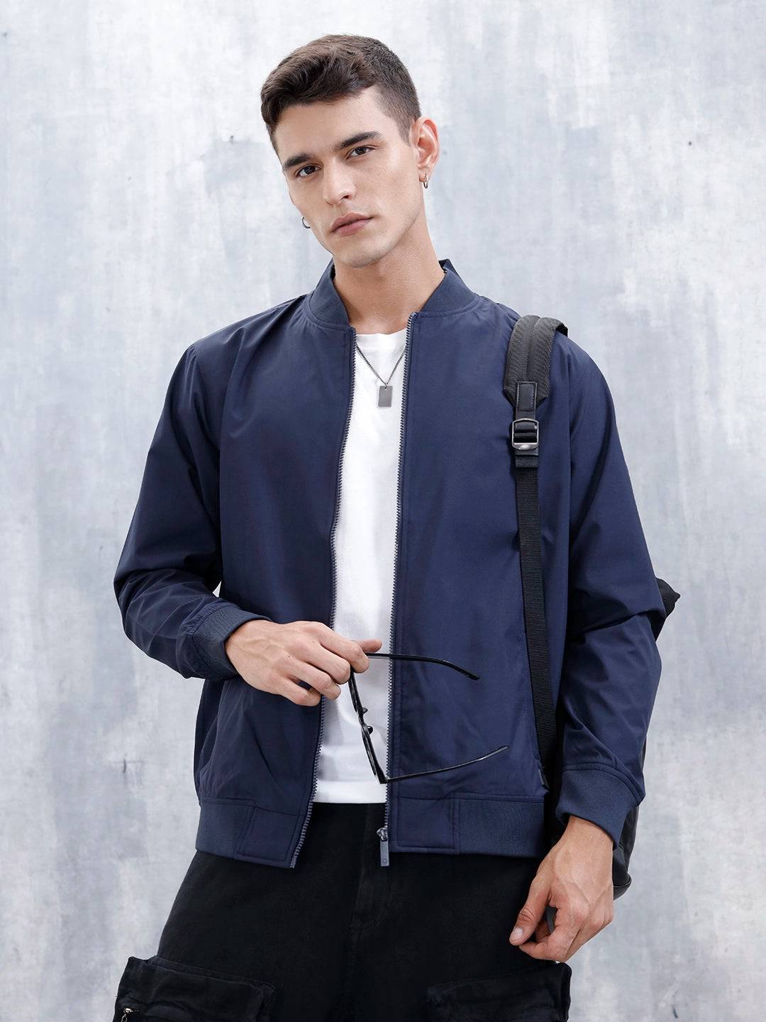 Men's Solid Casual Regular Fit Bomber Jacket | Navy Blue