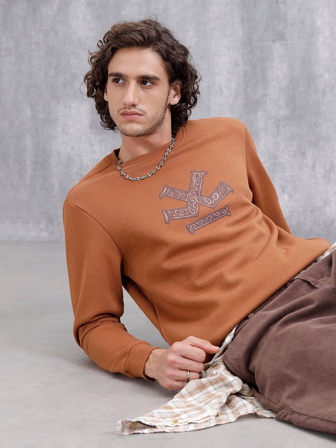 Paisley Puff Print Brushed Fleece Slim Fit Sweatshirt | Rust