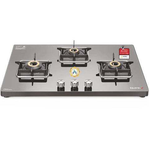 Sujata Cooktop Premium, 3 Burner Glass Top Forged Brass Burner Gas Stove (Black) Buy at only ₹11799