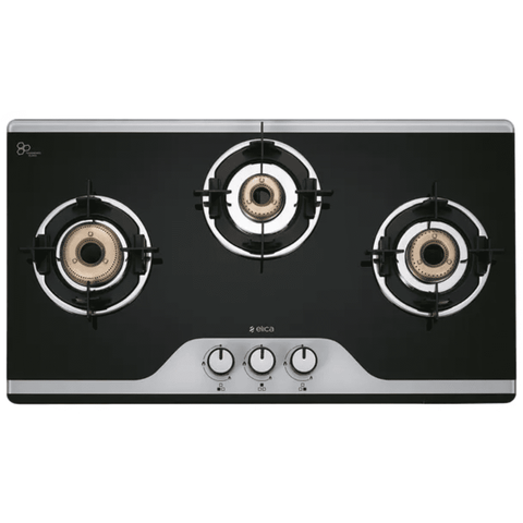 Elica Cooktop, 773 CT DT VETRO, 3 Burner 77 cm Glass Top Brass Burners Double Drip Tray 3 Manual Gas Stove (Black) Buy at only ₹12281