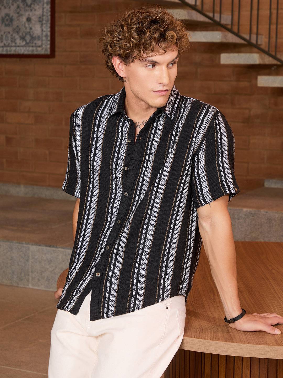 Striped Open Dobby Shirt | Black