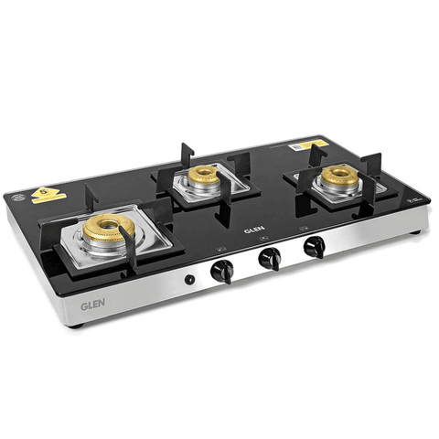 Glen Cooktop, 1038 SQ GT FORGED BB, 3 Burner 78 cm Manual Ignition Glass Top Mild Steel Burners 3 Medium Gas Stove (Black) Buy at only ₹8990