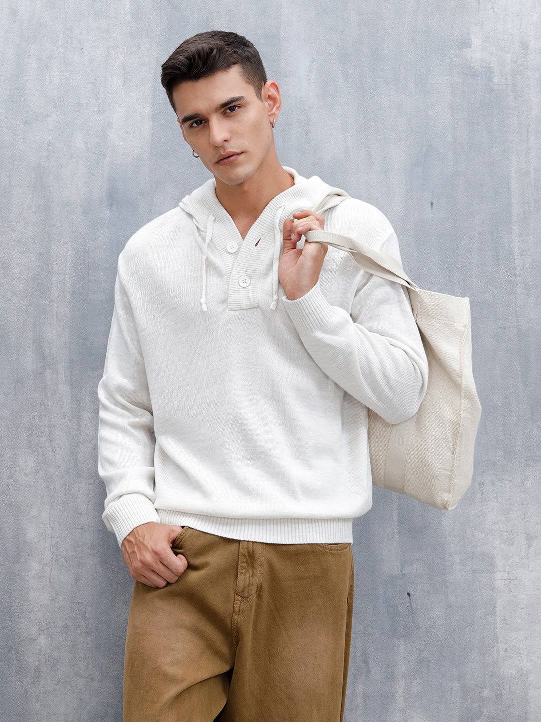 Men's Solid Casual Hoodie Pullover | White