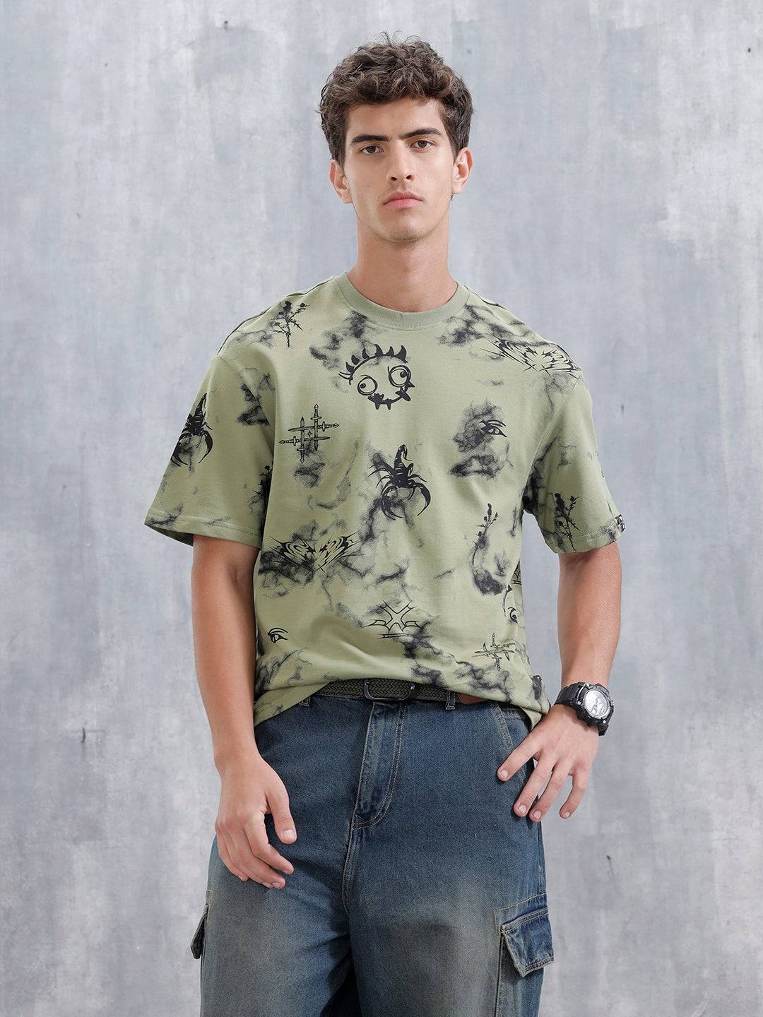 Bizarre Elements Inspired Oversized Aop T-Shirt | Green