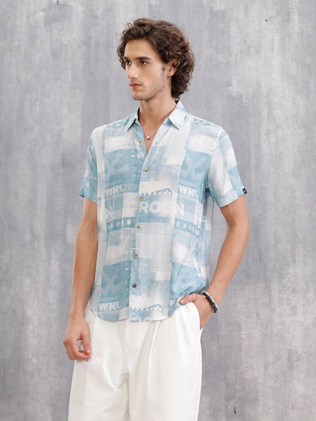 Fluid Viscose Shirt With Photo Reel Print  |  Blue