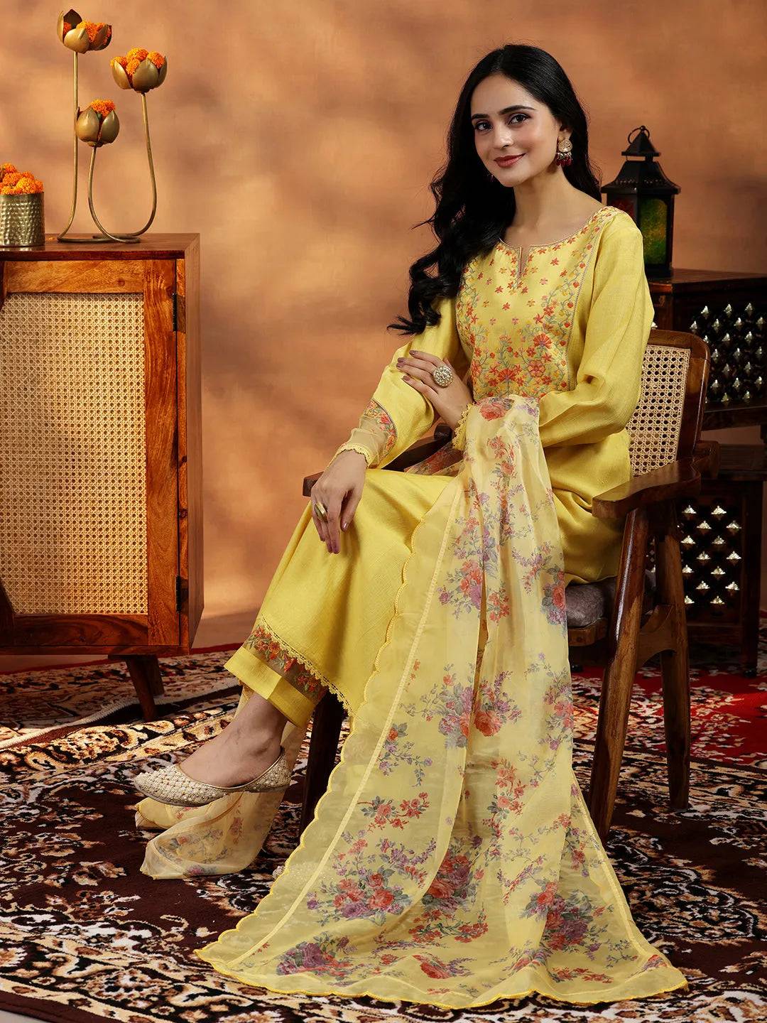 Yellow Yoke Design Silk Blend Straight ... Buy only at ₹4699