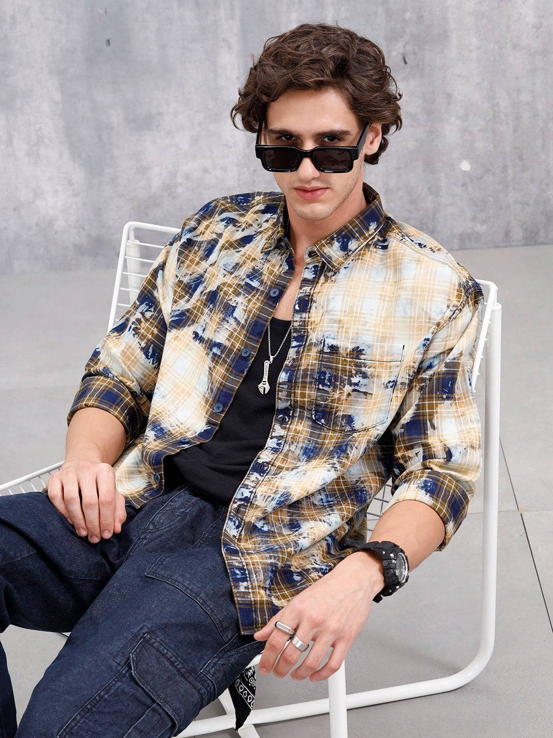 Distressed Plaid Check Shirt With Pockets | Yellow