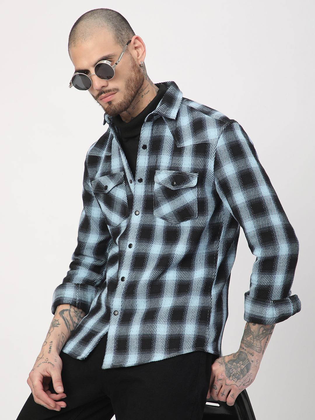 Black & Ice Blue Heavy Twill Checks Double Pocket Shirt Buy only at ₹859
