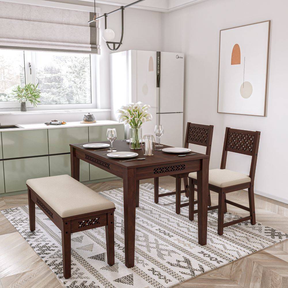 Fanila 4 Seater sheesham wood Dining Set (With Cushion - Omega Pearl)