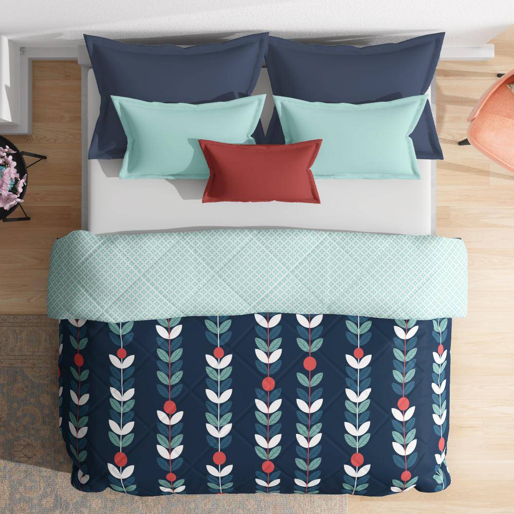 Luxurious Comforter | Double Bed (100x90 Inch) | 100% Cotton Fabric | 220 GSM | Siliconised Microfiber Filling | All Season & Reversible | Blue & Light Green