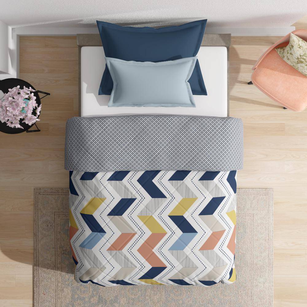 Luxurious Comforter | Single Bed (90x60 Inch) | 100% Cotton Fabric | 220 GSM | Siliconised Microfiber Filling | All Season & Reversible | Dark Blue & Yellow