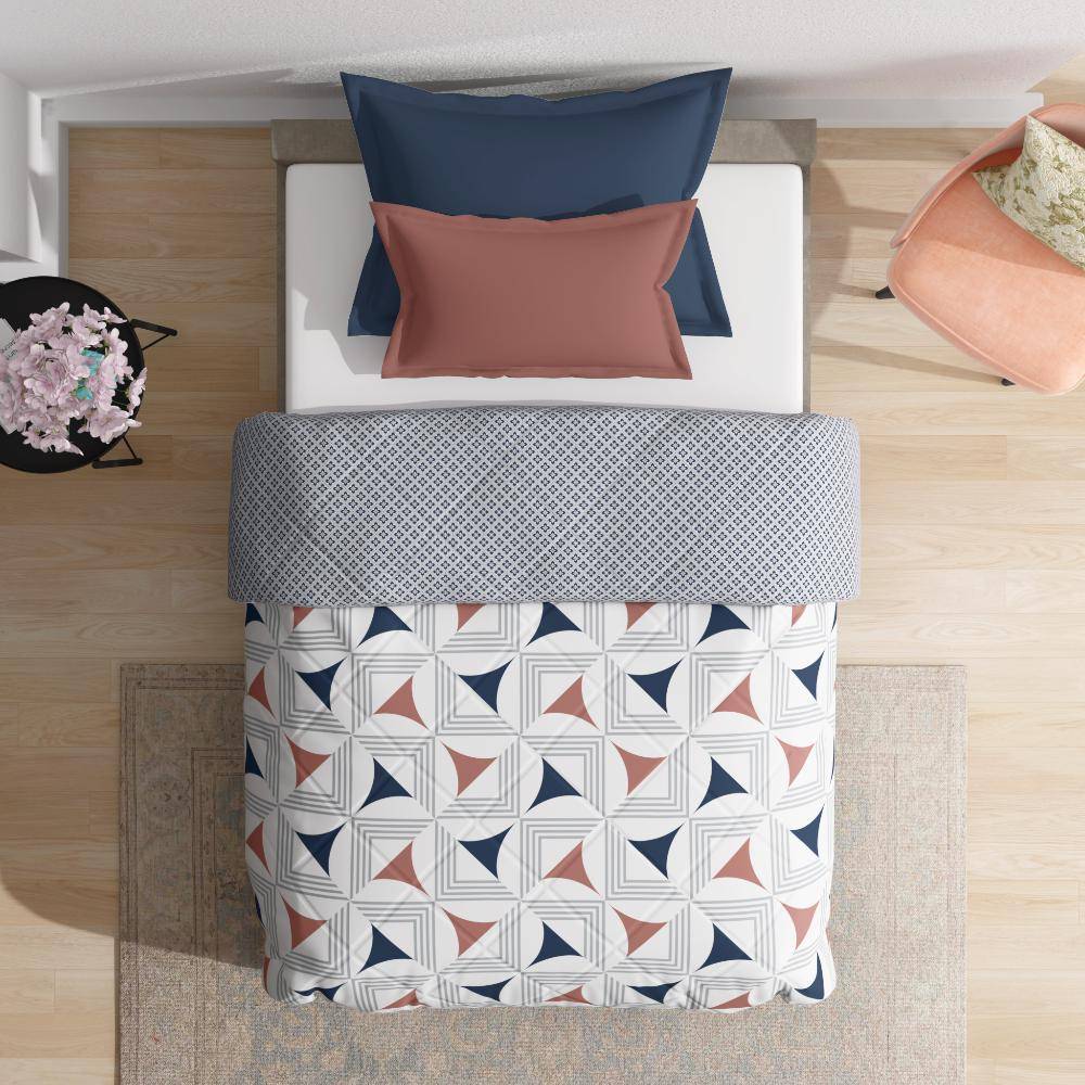 Luxurious Comforter | Single Bed (90x60 Inch) | 100% Cotton Fabric | 120 GSM | Siliconised Microfiber Filling | All Season & Reversible | White & Dark Blue