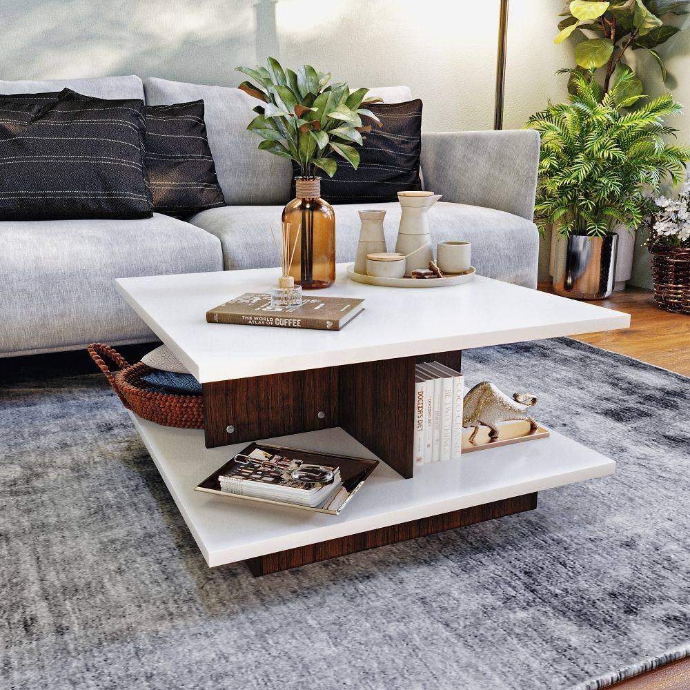 Java Coffee Table - Frosty White & Dark Walnut Color, Engineered Wood