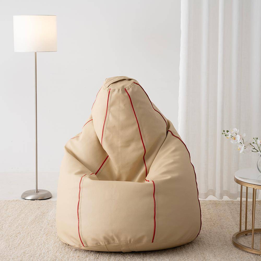 3XL Bean Bag With Beans | Premium Leatherette | Off-White With Red Piping | Bean Bag Chair | Cozy & Ideal for Any Space