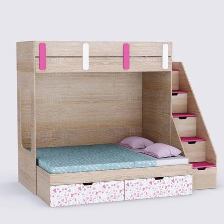 Pattern Dreams Bunk Bed  6X5 (Drawers On Wheels) In Oak & Pink Colour