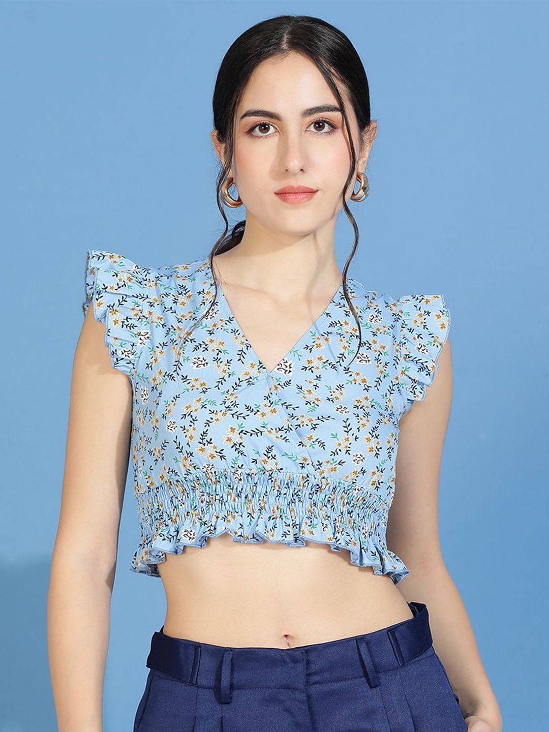 Kotty Floral Print Flutter Sleeve Crepe Wrap Crop Top
