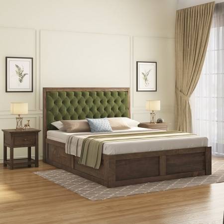Avon Solid Wood Storage Bed King Size in Danish Walnut Finish with Moss Green Colour