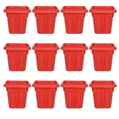 Set of 12 - 8 Inch Red Heavy Square Plastic Pot