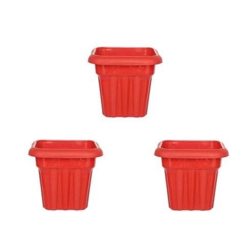 Set of 03 - 10 Inch Red Heavy Square Plastic Pot