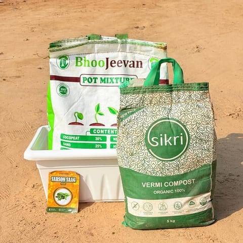 Sarso Saag Grow Kit - 20 Inch White Window Planter + 10Kg Soil Potting Mix + 5 Kg Vermicompost (Brands may vary)