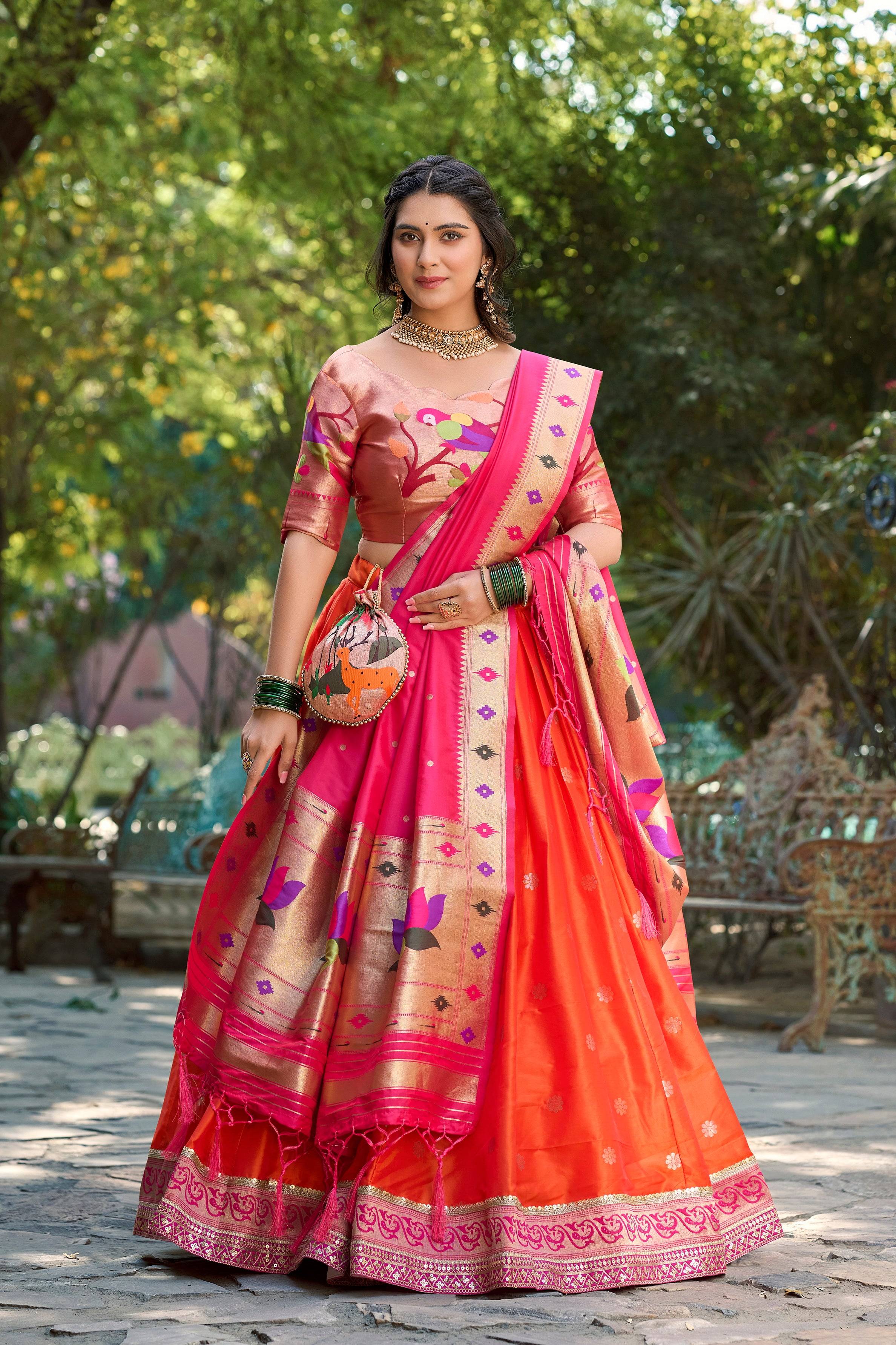 Traditional Orange & Pink Banarasi Silk Lehenga Choli for Women – Designer Bridal Ethnic Wear with Dupatta