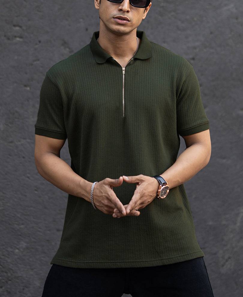 Dark Green Structured Half Sleeves Zipper T Shirt Buy @ ₹799