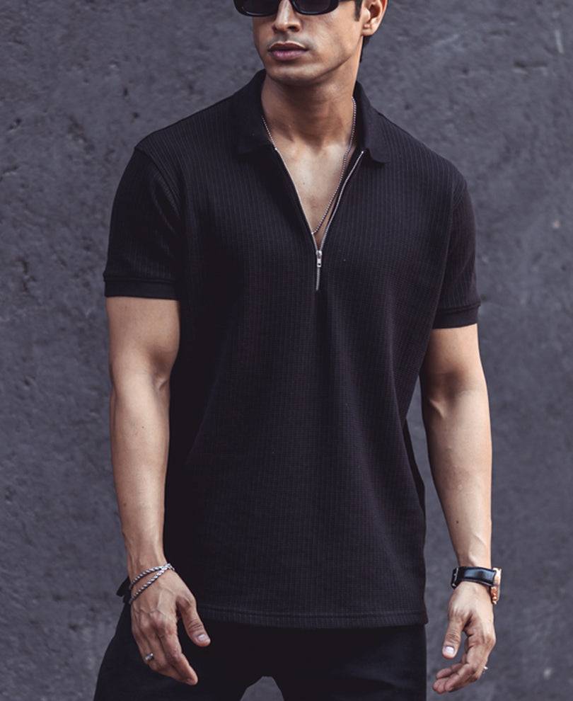 Black Structured Half Sleeves Zipper T Shirt Buy @ ₹999