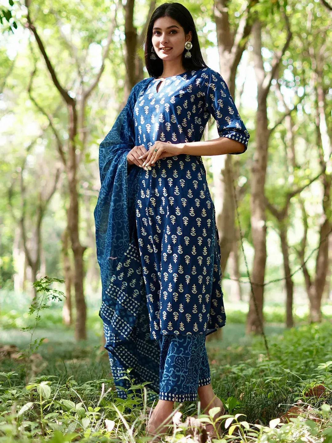 Blue Printed Cotton Straight Suit Set W... Buy only at ₹4799