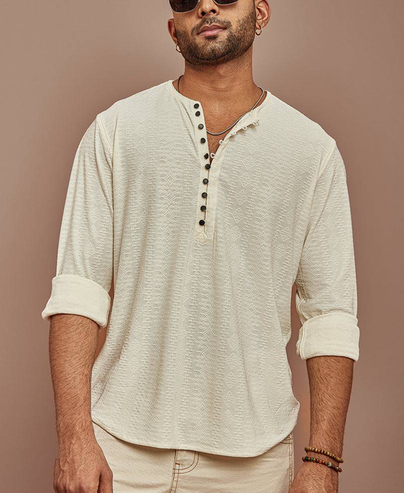 Cream Structured Kurta Style Regular Fit Full Sleeves Shirt Buy @ ₹599