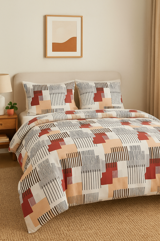 Urban Grid Geometric Bedsheet Set – Maroon, Beige & Grey Abstract Design – Double Bed Bedsheet with Pillow Covers Buy @ ₹1999