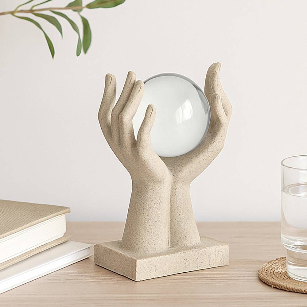 Hands Holding Crystal Sphere Decorative Polyresin Showpiece- Sand Brown