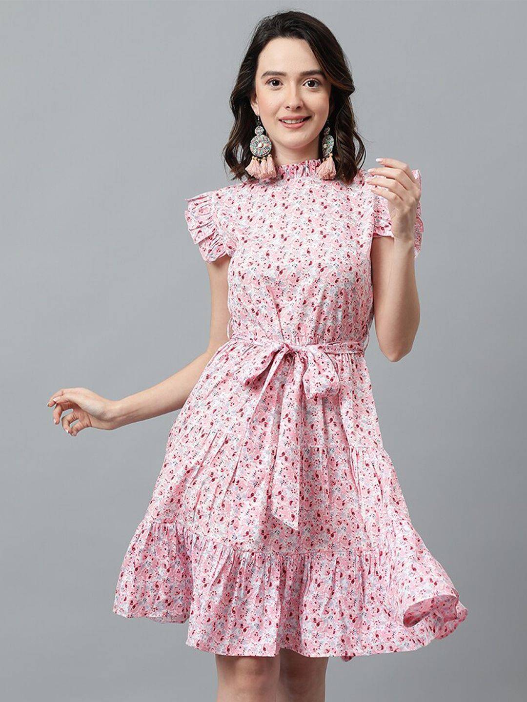 Kotty Pink & White Floral Printed High Neck Ruffled Fit & Flare Dress