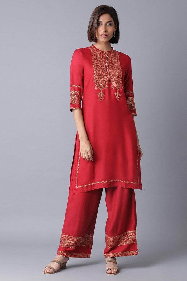 Red Printed kurta-Parallel Pant Set