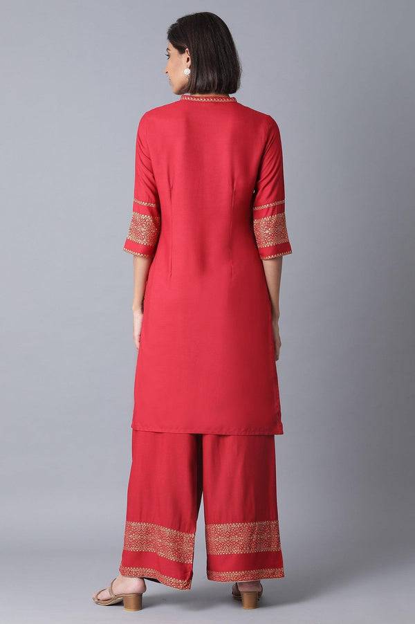 Red Printed kurta-Parallel Pant Set