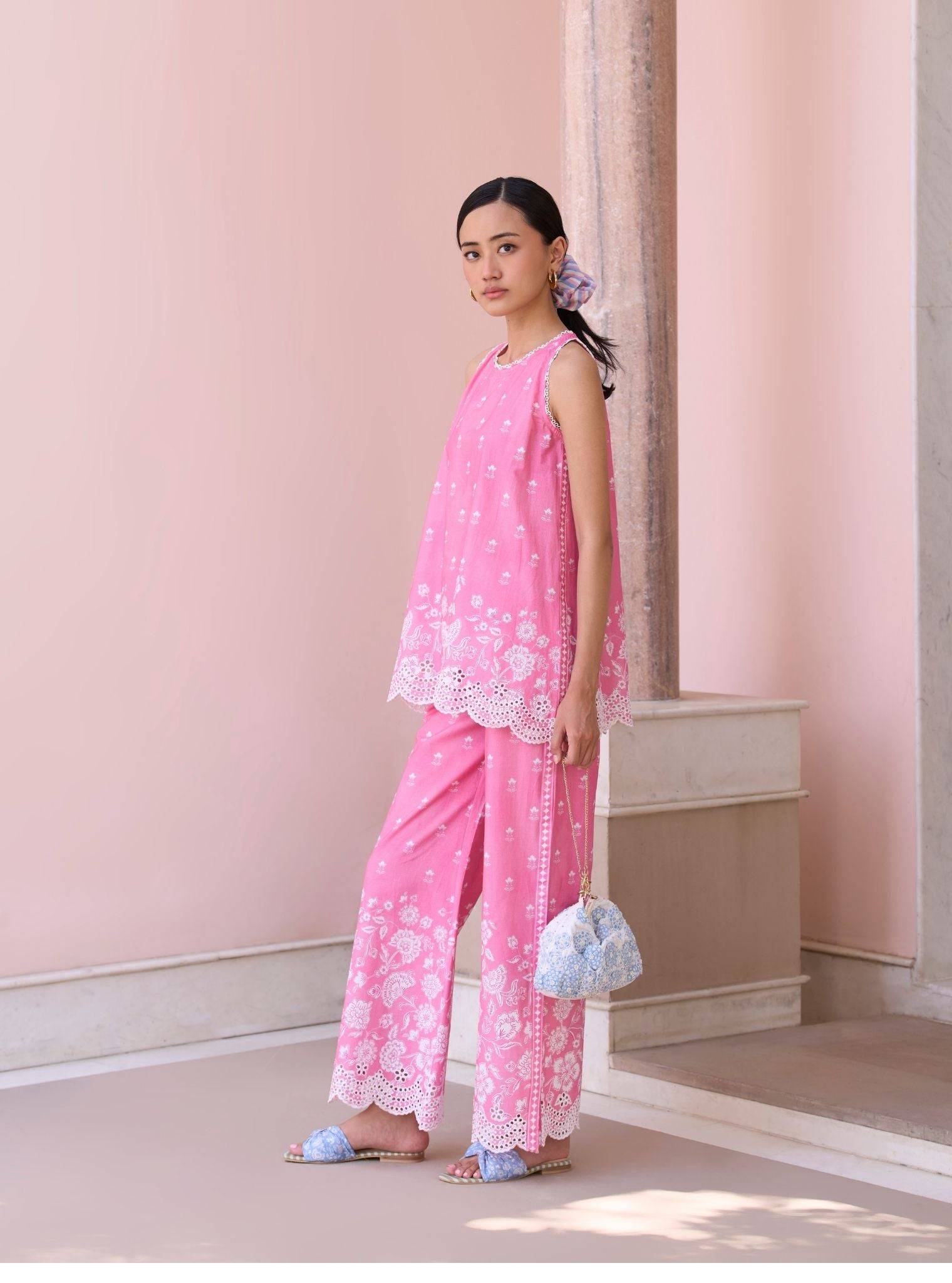 Zeenat Rani Pink Mulmul Cotton Top Set