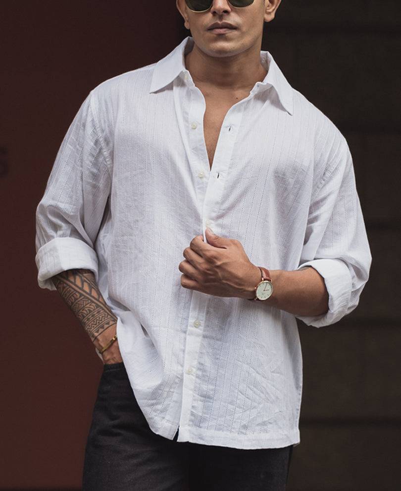 White Regular Fit Cotton Full Sleeve Self Design Shirt Buy @ ₹599