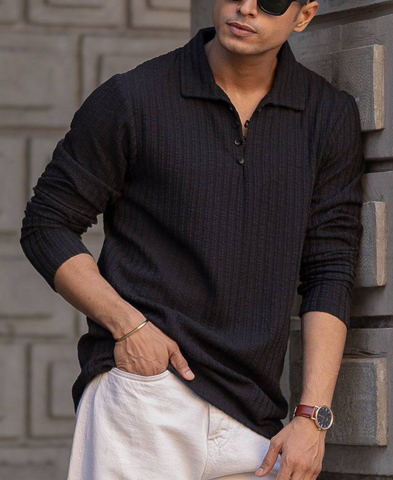 Black Self Stripe Polo T-Shirt Buy @ ₹599