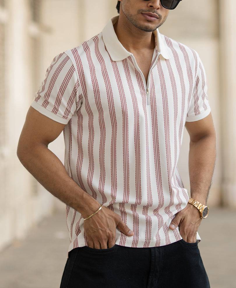Off-White And Maroon Stripe Regular Fit Half Sleeves T-Shirt Buy @ ₹999