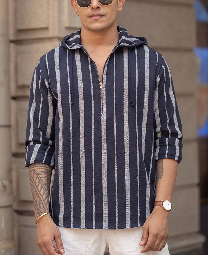 Blue And White Stripes Regular Fit Full Sleeves Hoodie Shirt Buy @ ₹899