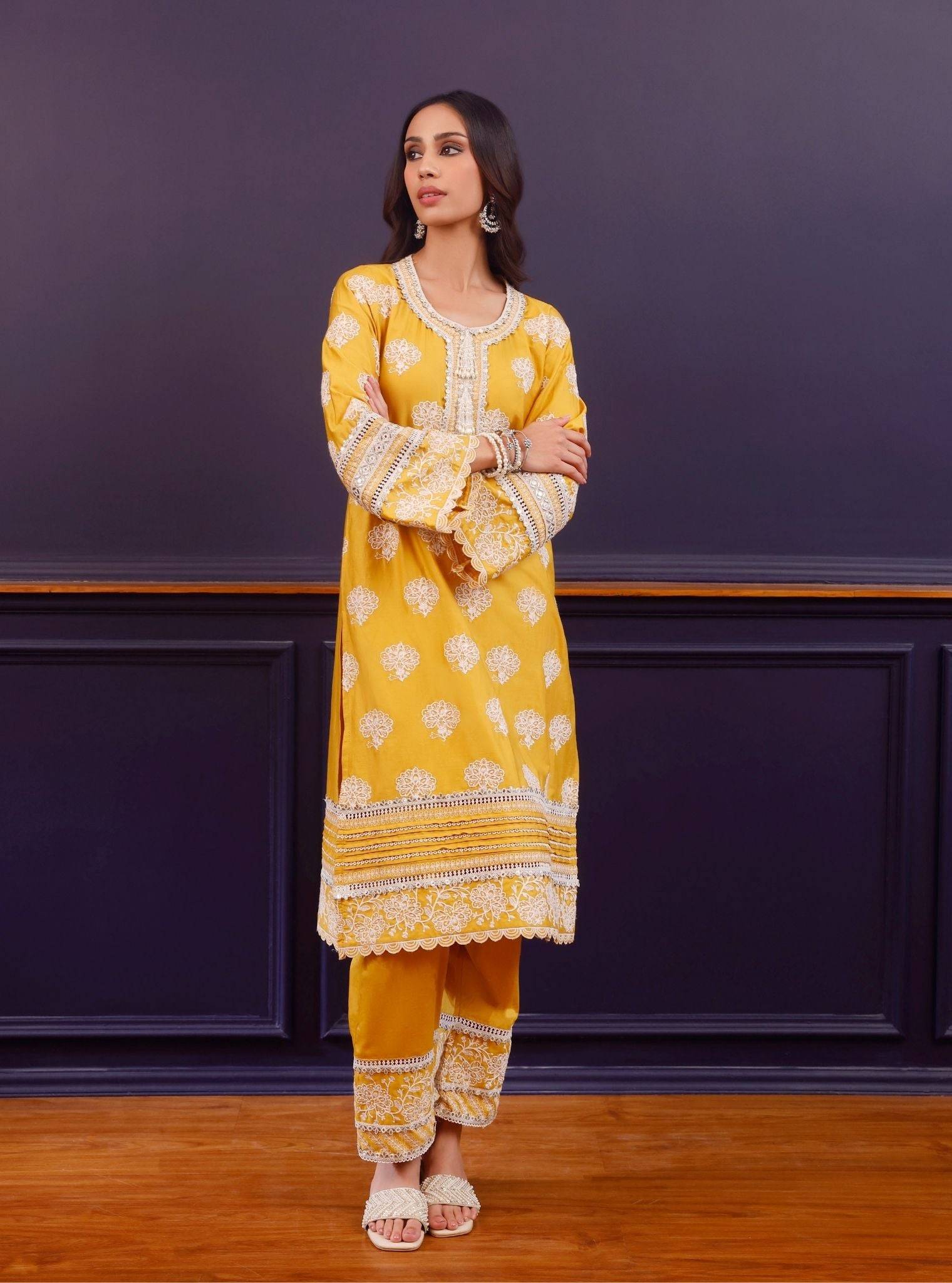 Reha Pima Satin Mustard Kurta Set