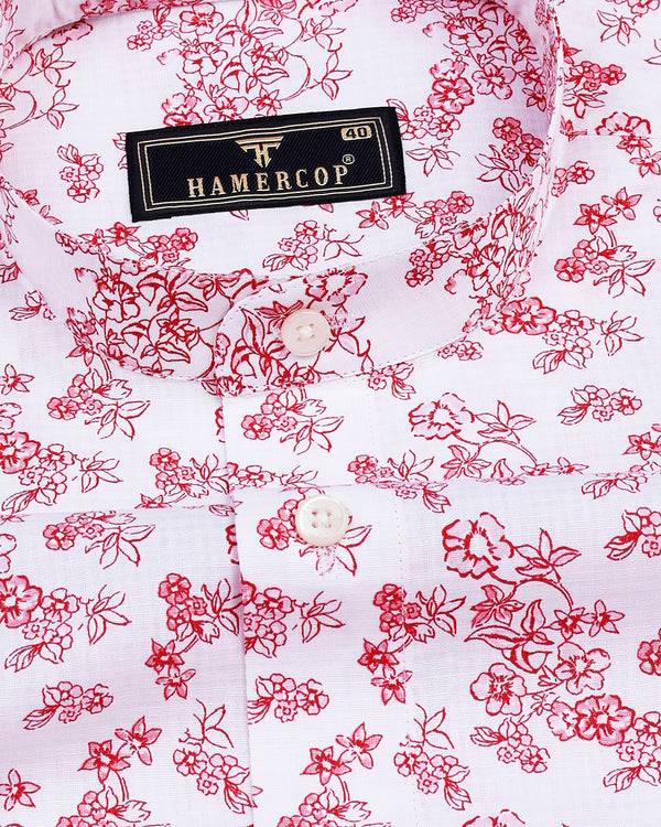 Red Flowers Printed Self Weft Stripe White Cotton Shirt