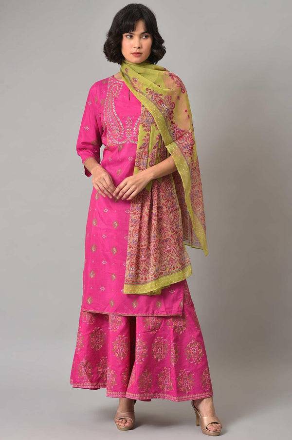 Pink Glitter Printed Kurta, Culottes and Green Dupatta Set