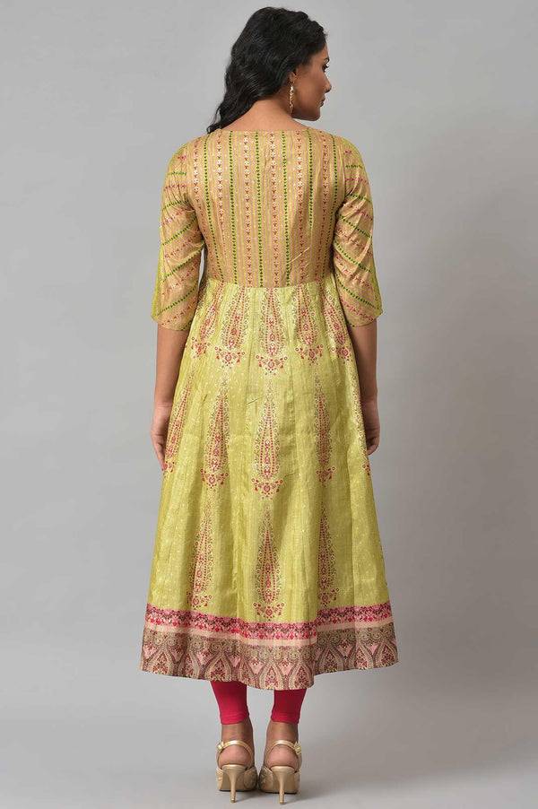 Light Green Karnataka Silk Straight Kurta with Dark Pink Tights