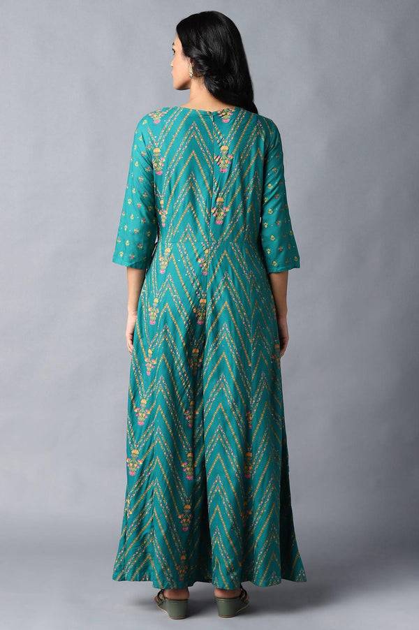 Teal Green Angrakha Jumpsuit In Round Neck