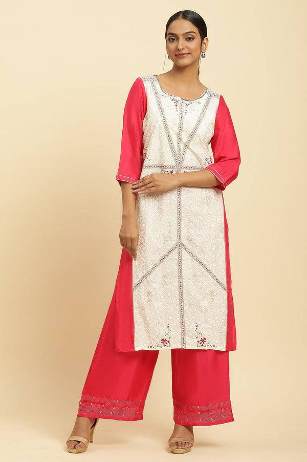 Pink And Ecru Straight Kurta And Parallel Pants Set