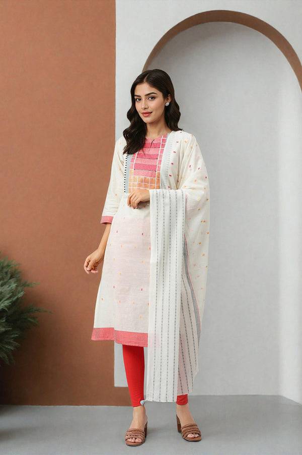 White Cotton Dobby Straight Kurta, Leggings and Butta Dobby Dupatta Set