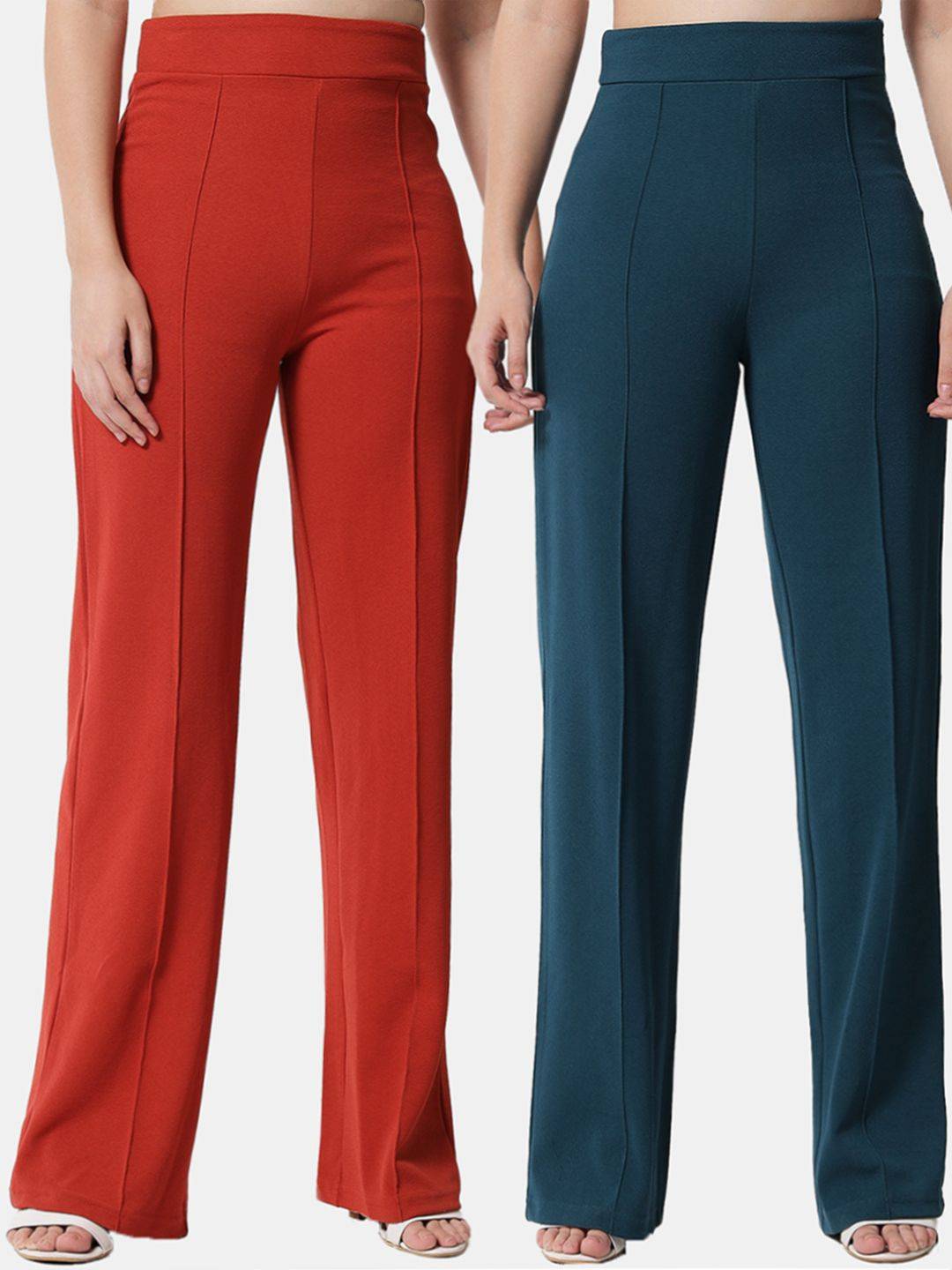 Kotty Women Pack Of 2 Relaxed Straight Leg High-Rise Easy Wash Trousers